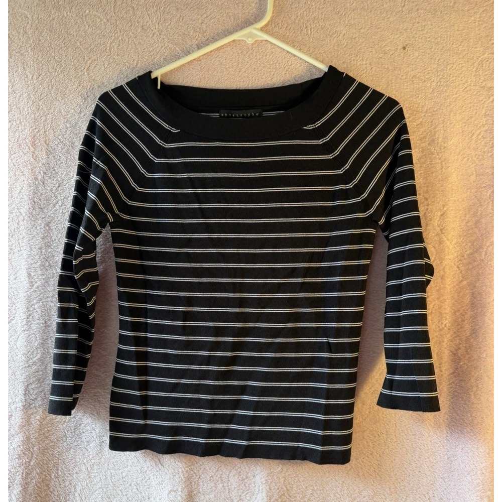 Apostrophe‎ Black & White Striped Thick Stretch 3/4 Sleeve Top Size Medium